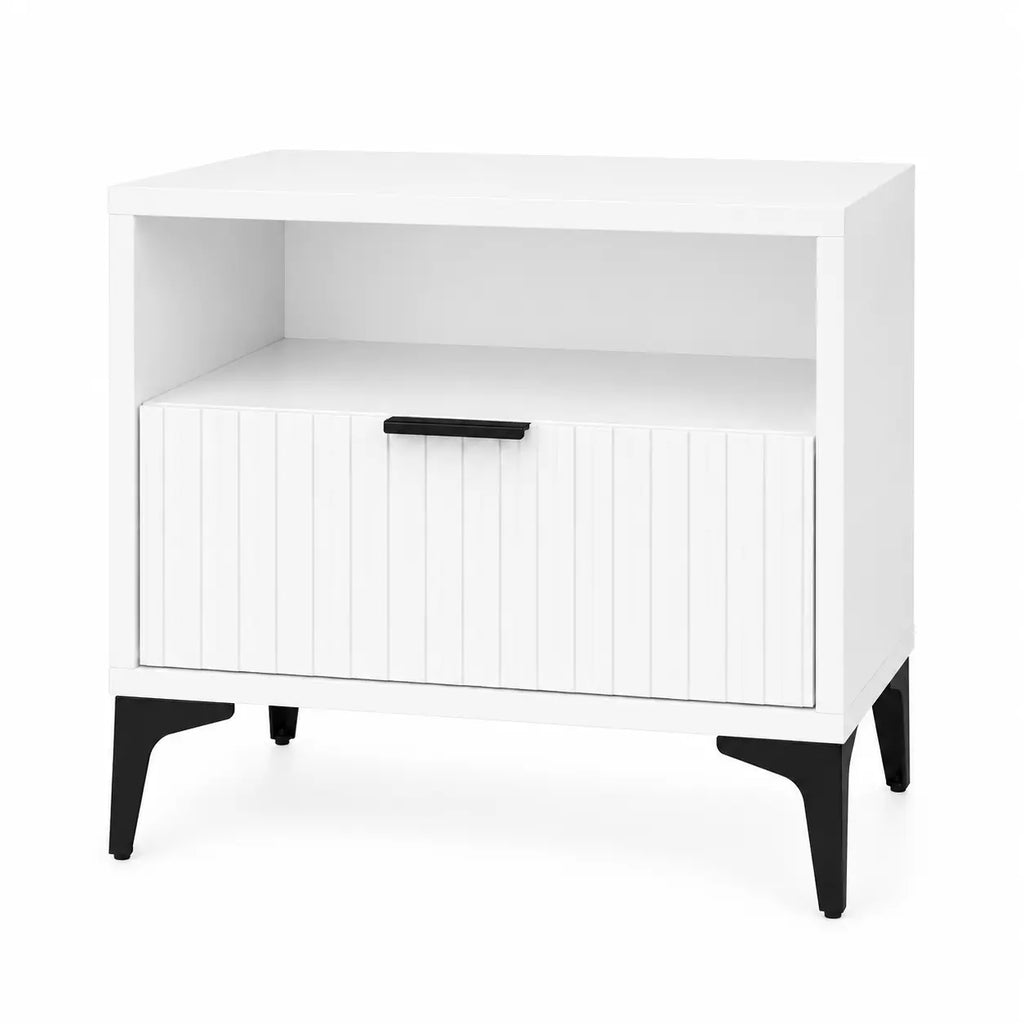 Szafka Nocna Biała Czarne Nogi Ryflowana z Szufladą 42cm Milo Furniture