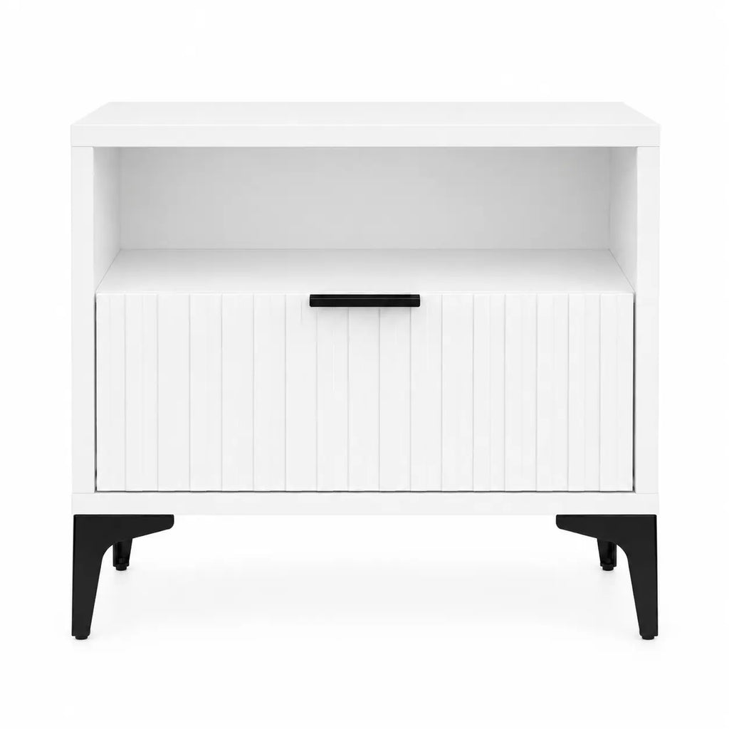 Szafka Nocna Biała Czarne Nogi Ryflowana z Szufladą 42cm Milo Furniture