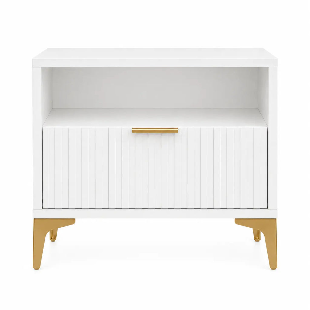 Szafka Nocna Biała Złote Nogi Ryflowana z Szufladą 42cm Milo Furniture