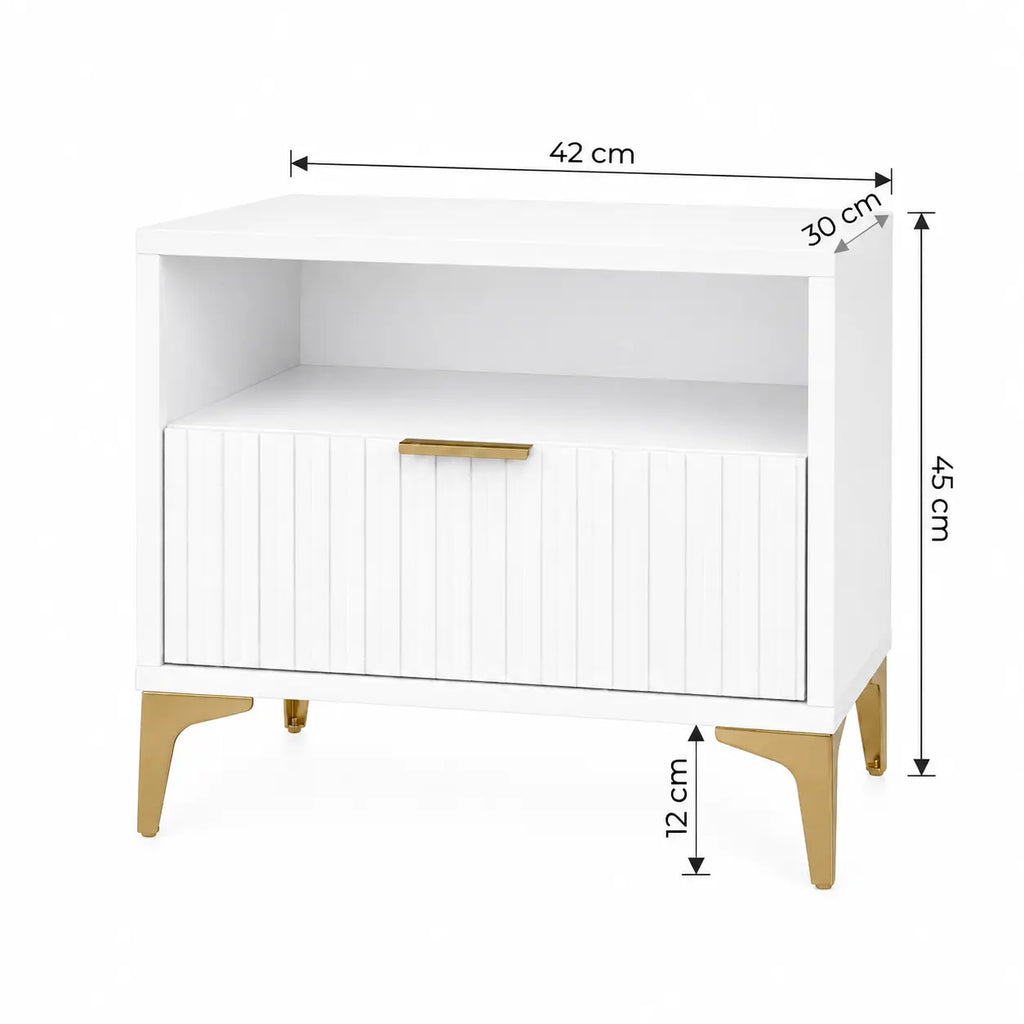 Szafka Nocna Biała Złote Nogi Ryflowana z Szufladą 42cm Milo Furniture