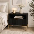 Szafka Nocna Czarna Złote Nogi Ryflowana z Szufladą 42cm Milo Furniture