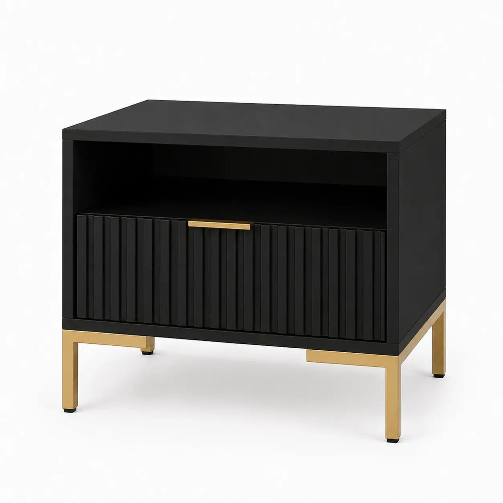 Szafka Nocna Czarna Złote Nogi Ryflowana z Szufladą 42cm Milo Furniture