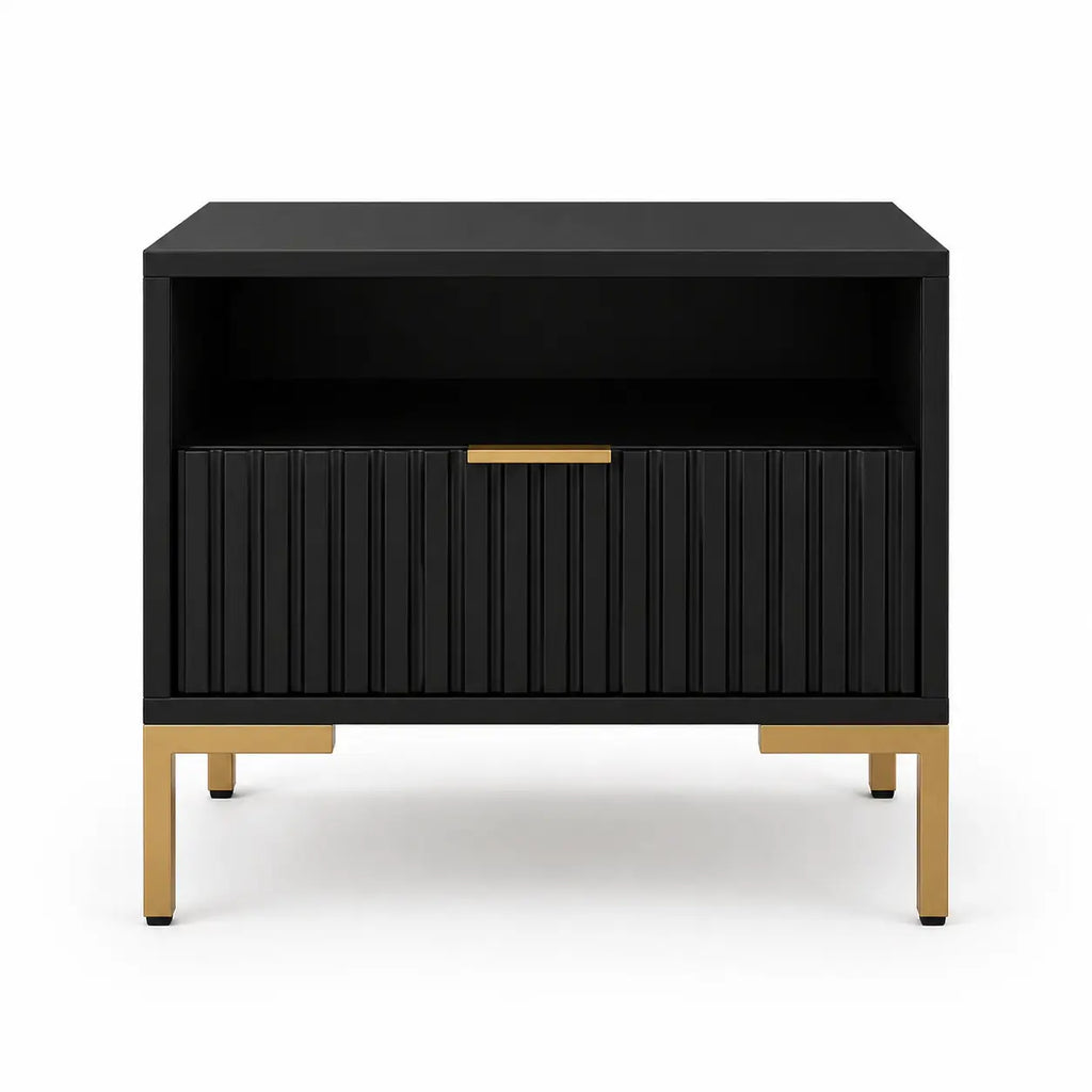 Szafka Nocna Czarna Złote Nogi Ryflowana z Szufladą 42cm Milo Furniture