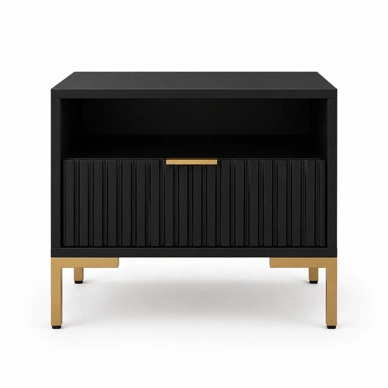 Szafka Nocna Czarna Złote Nogi Ryflowana z Szufladą 42cm Milo Furniture