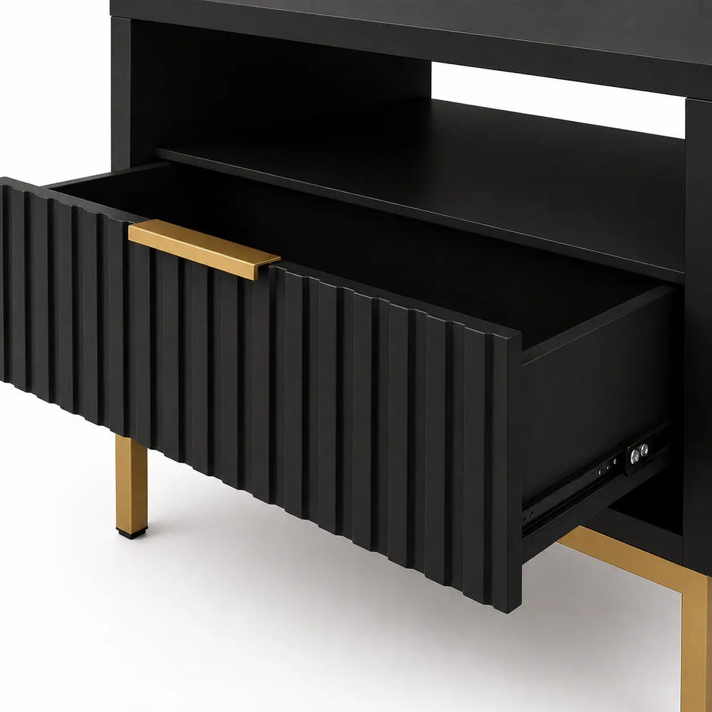 Szafka Nocna Czarna Złote Nogi Ryflowana z Szufladą 42cm Milo Furniture