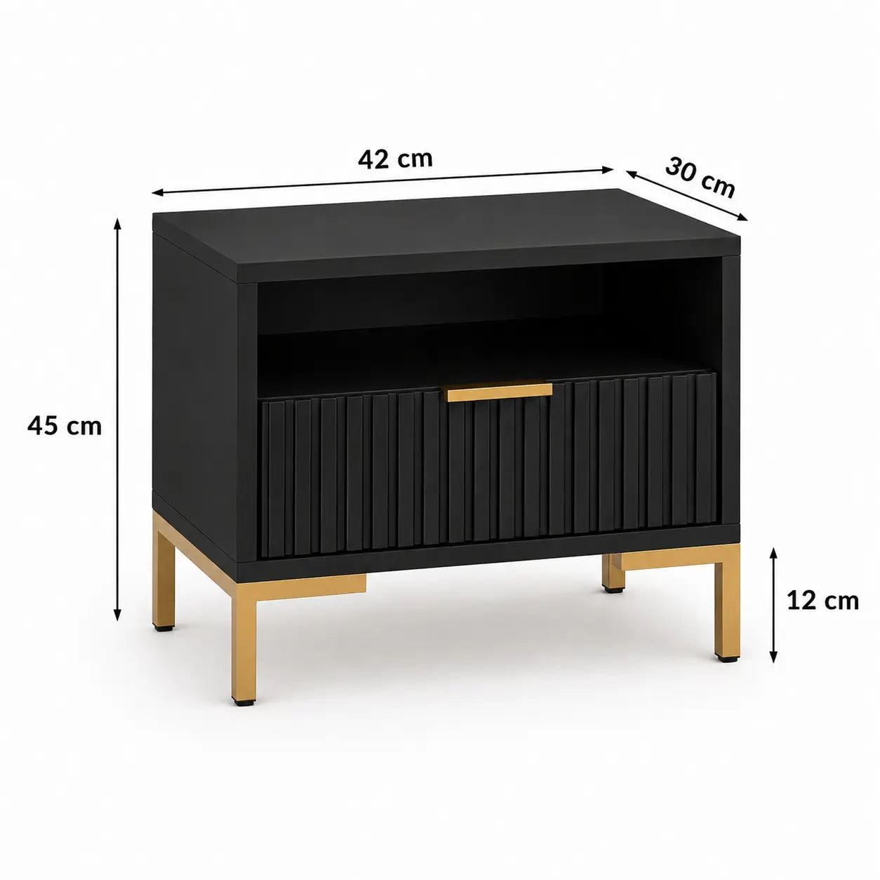 Szafka Nocna Czarna Złote Nogi Ryflowana z Szufladą 42cm Milo Furniture