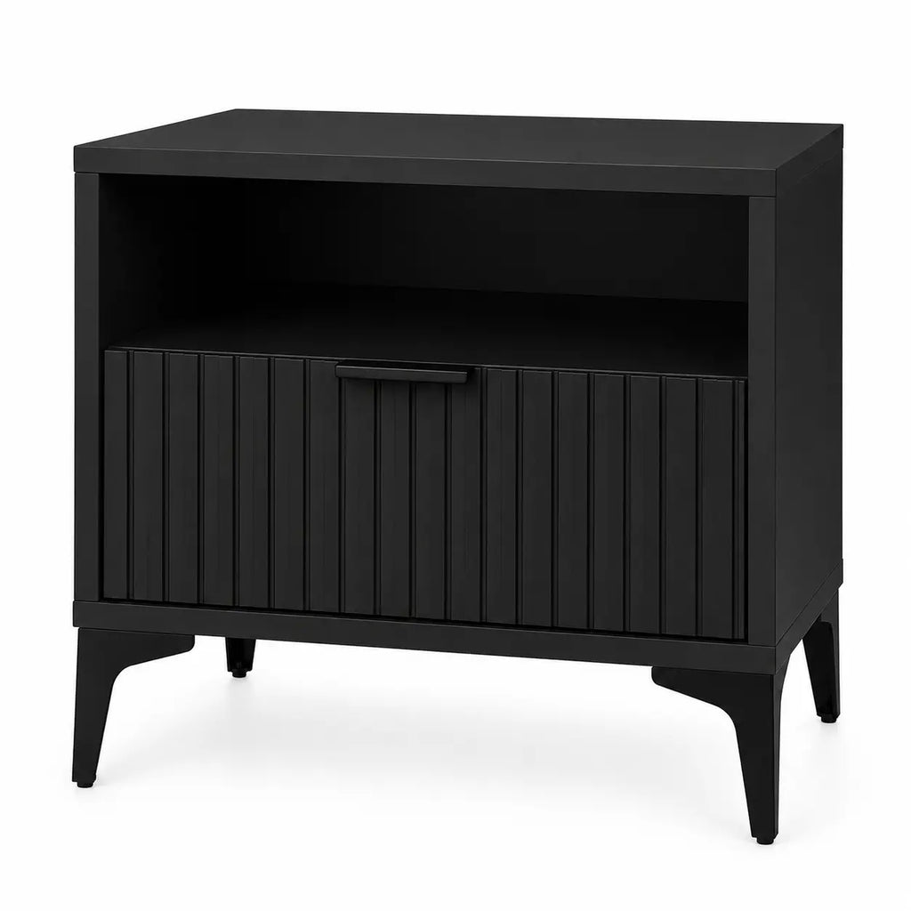 Szafka Nocna Czarna Czarne Nogi Ryflowana z Szufladą 42cm Milo Furniture