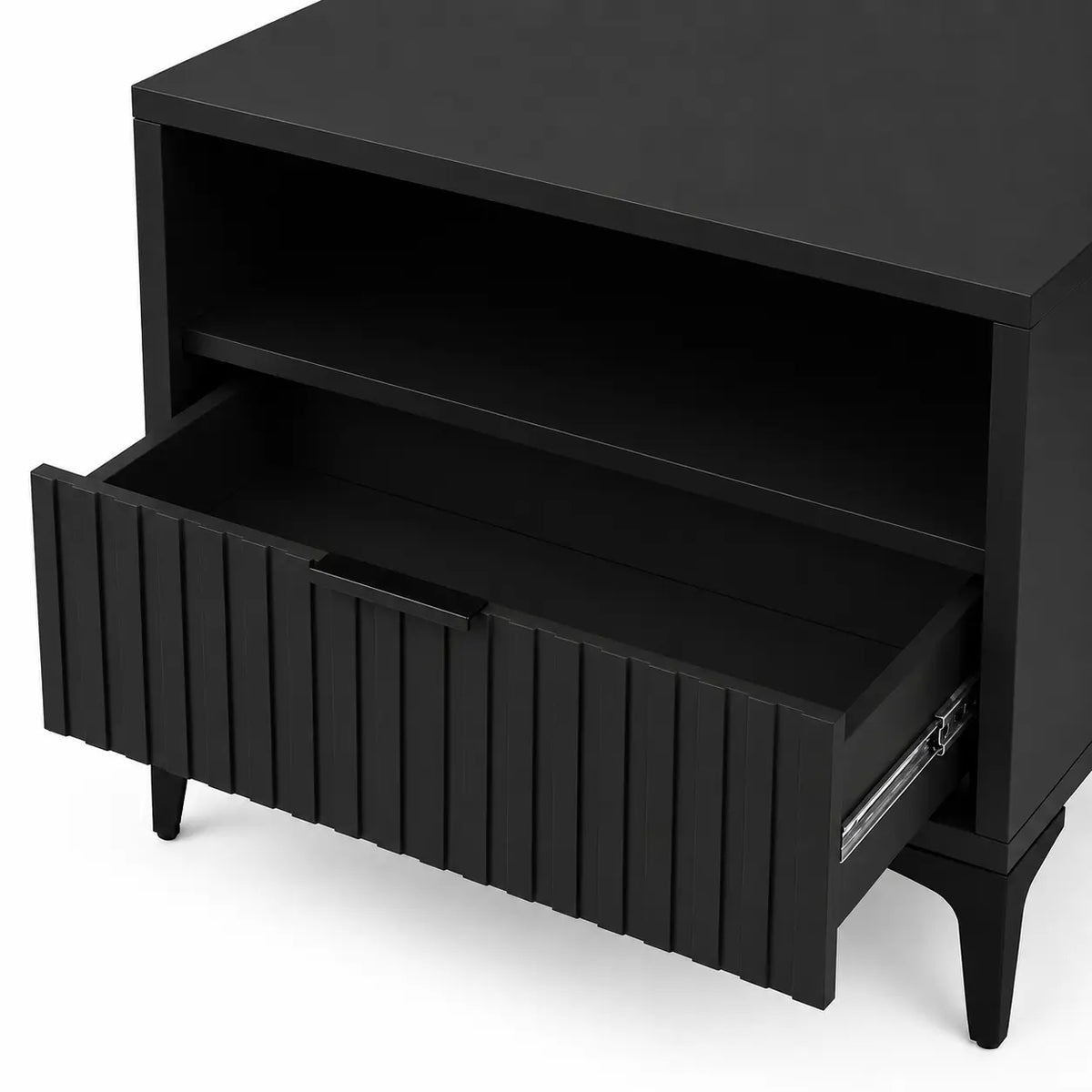 Szafka Nocna Czarna Czarne Nogi Ryflowana z Szufladą 42cm Milo Furniture
