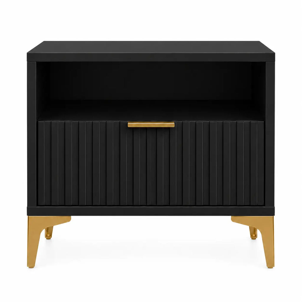 Szafka Nocna Czarna Złote Nogi Ryflowana z Szufladą 42cm Milo Furniture