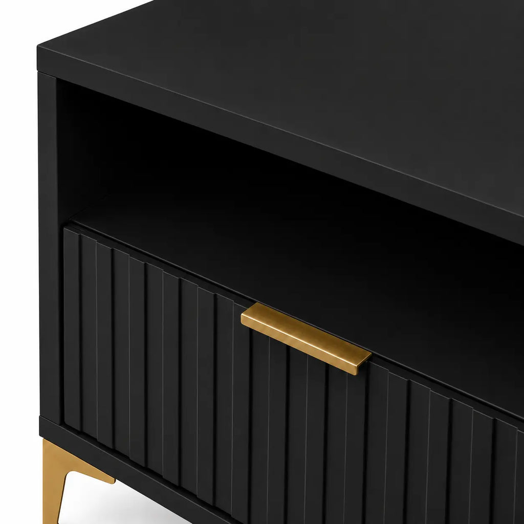 Szafka Nocna Czarna Złote Nogi Ryflowana z Szufladą 42cm Milo Furniture