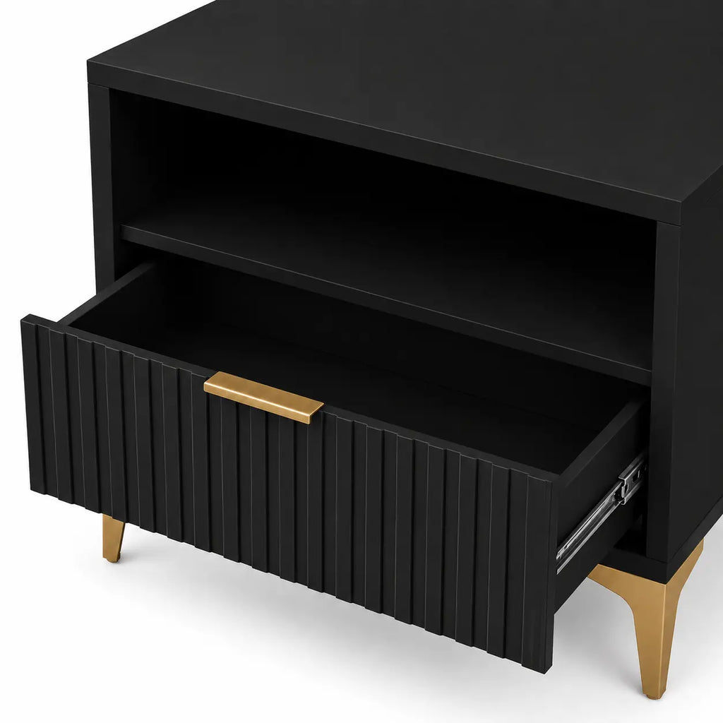 Szafka Nocna Czarna Złote Nogi Ryflowana z Szufladą 42cm Milo Furniture
