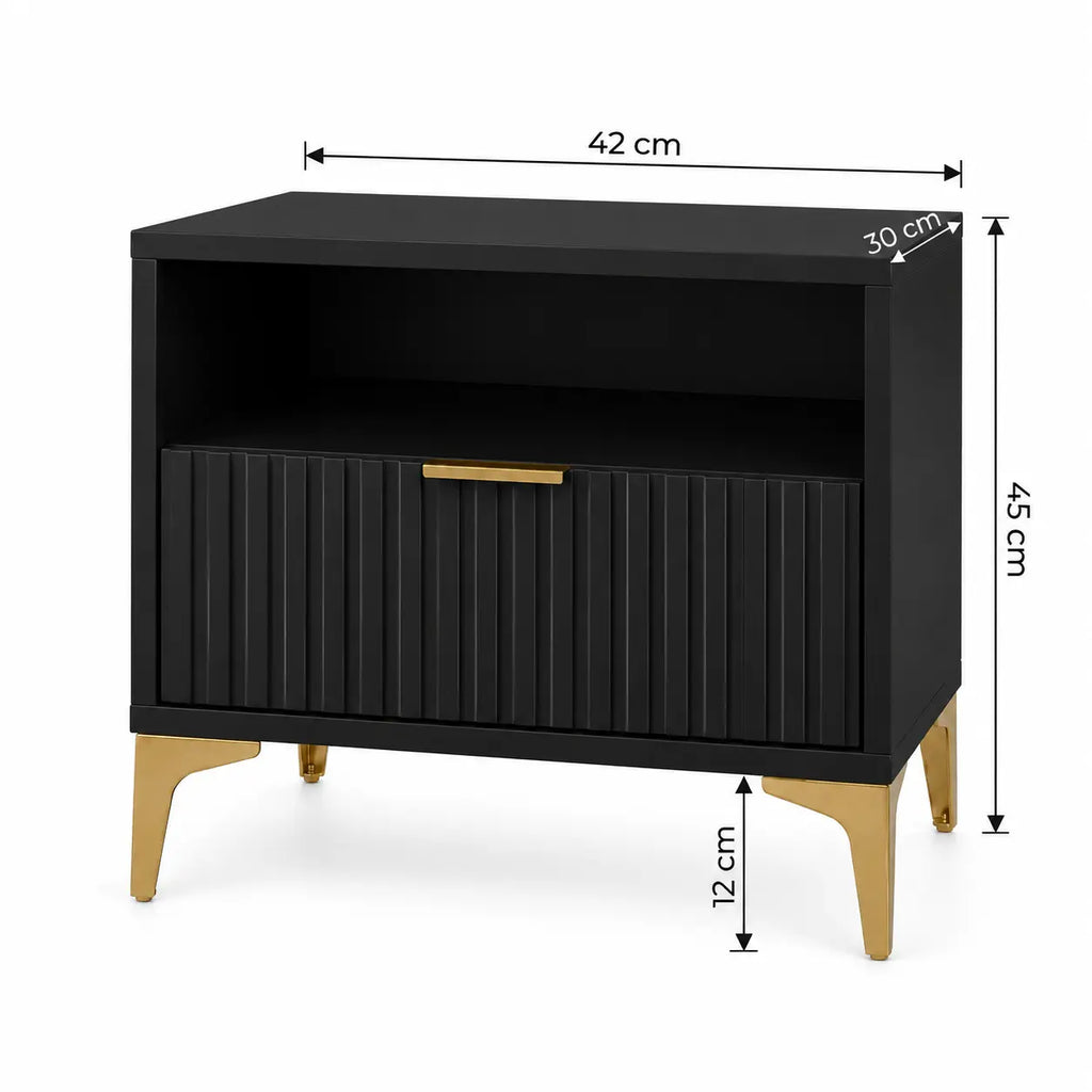Szafka Nocna Czarna Złote Nogi Ryflowana z Szufladą 42cm Milo Furniture