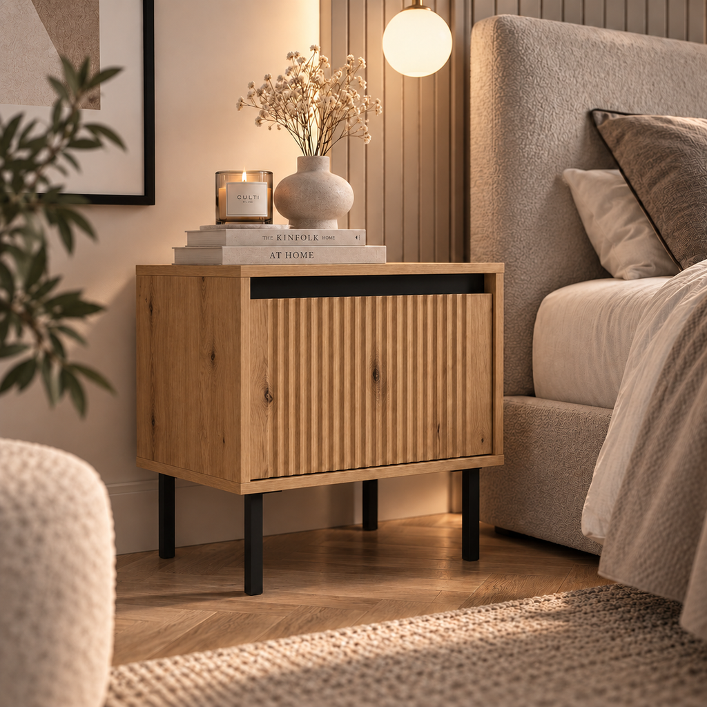 Szafka Nocna OSAKA 52cm Dąb Evoke – Ryflowana z Szufladą