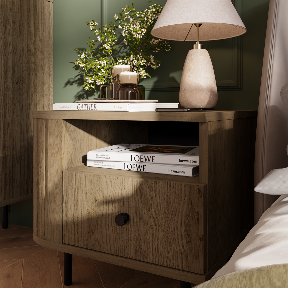 Szafka Nocna OVALIO 59cm Dąb Cremona – Ryflowana z Szufladą, Prawa/Lewa