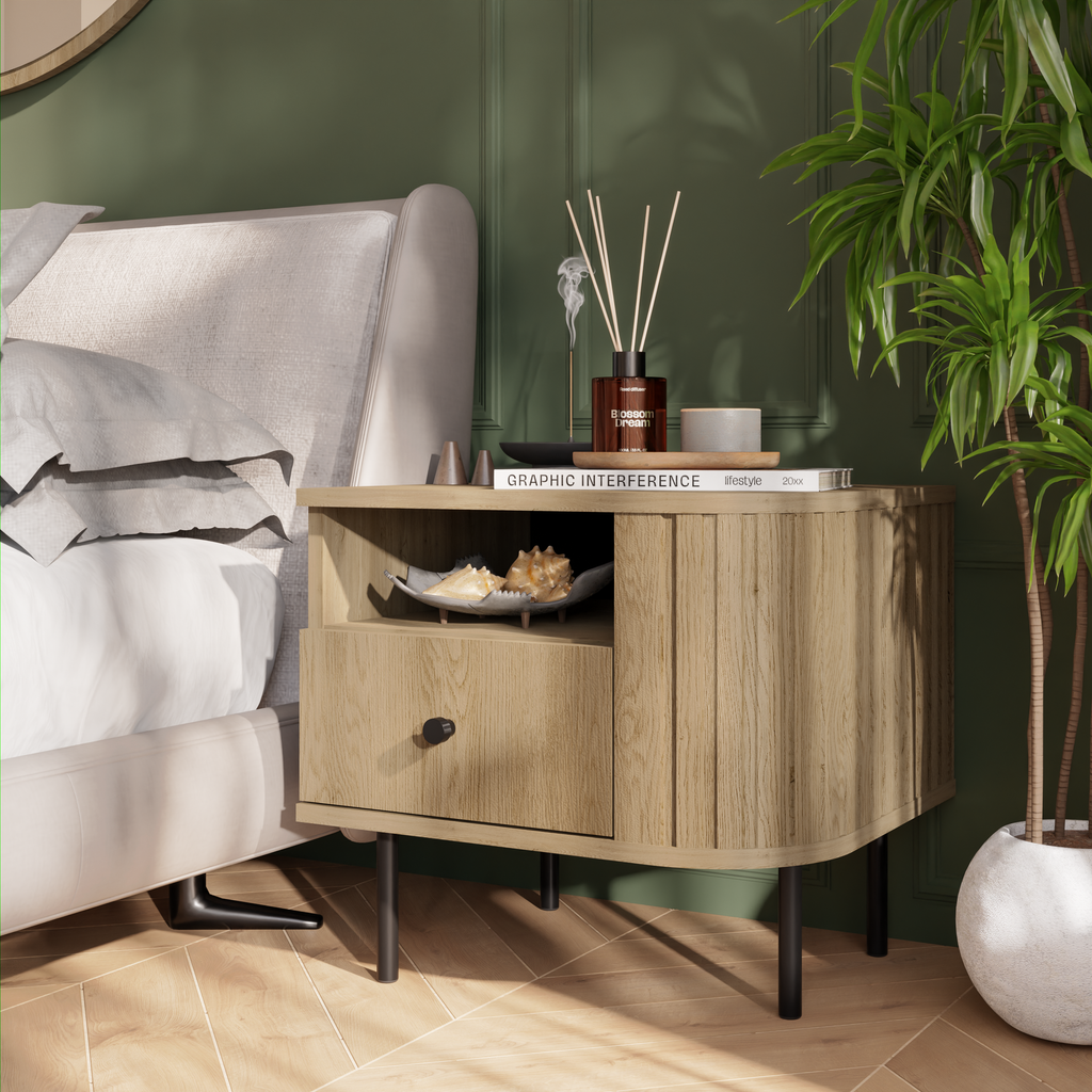 Szafka Nocna OVALIO 59cm Dąb Cremona – Ryflowana z Szufladą, Prawa/Lewa