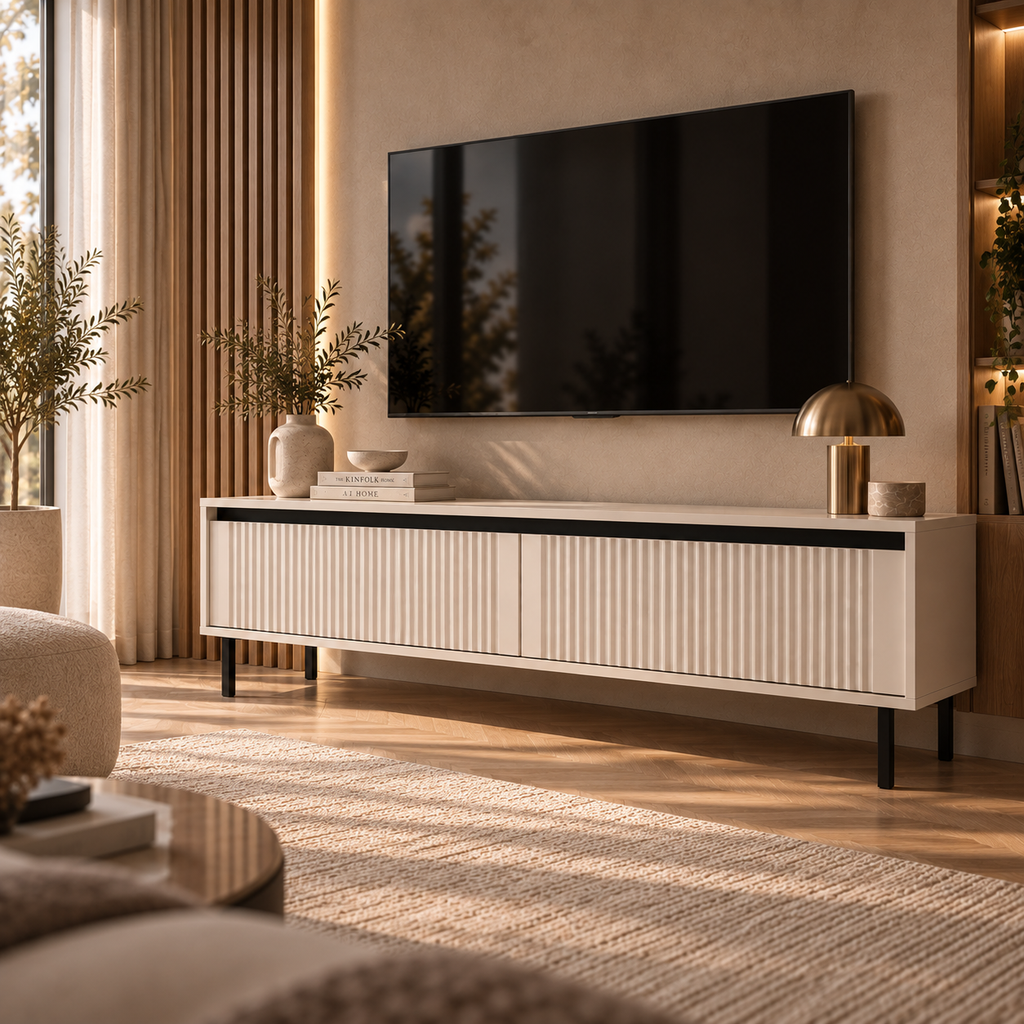 Szafka RTV OSAKA 140cm Beż Piaskowy – Ryflowana z Szufladami