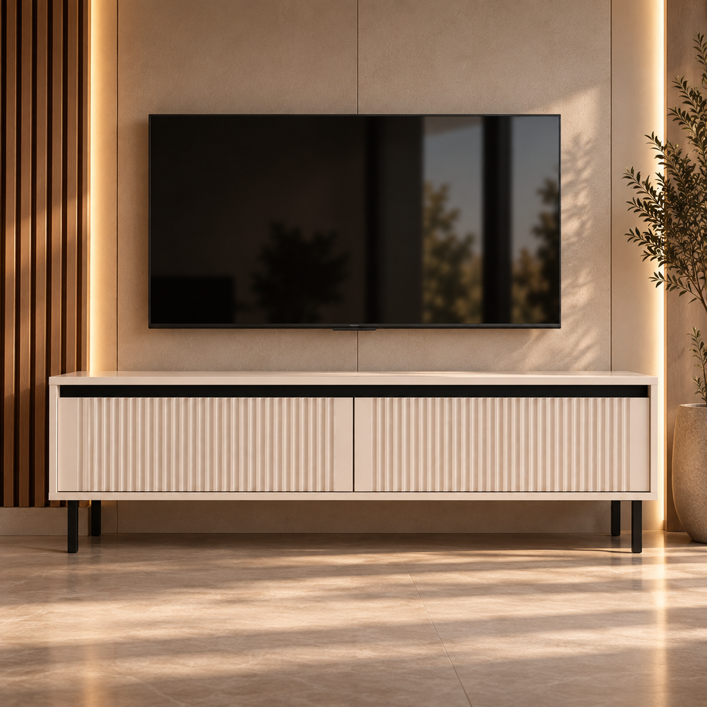 Szafka RTV OSAKA 140cm Beż Piaskowy – Ryflowana z Szufladami