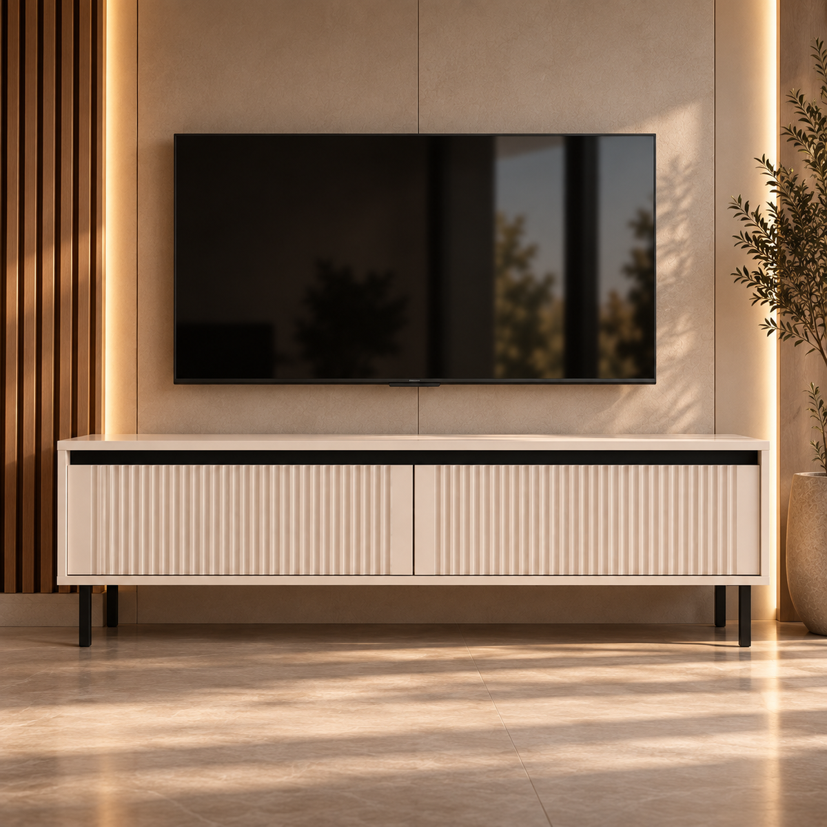 Szafka RTV OSAKA 140cm Beż Piaskowy – Ryflowana z Szufladami