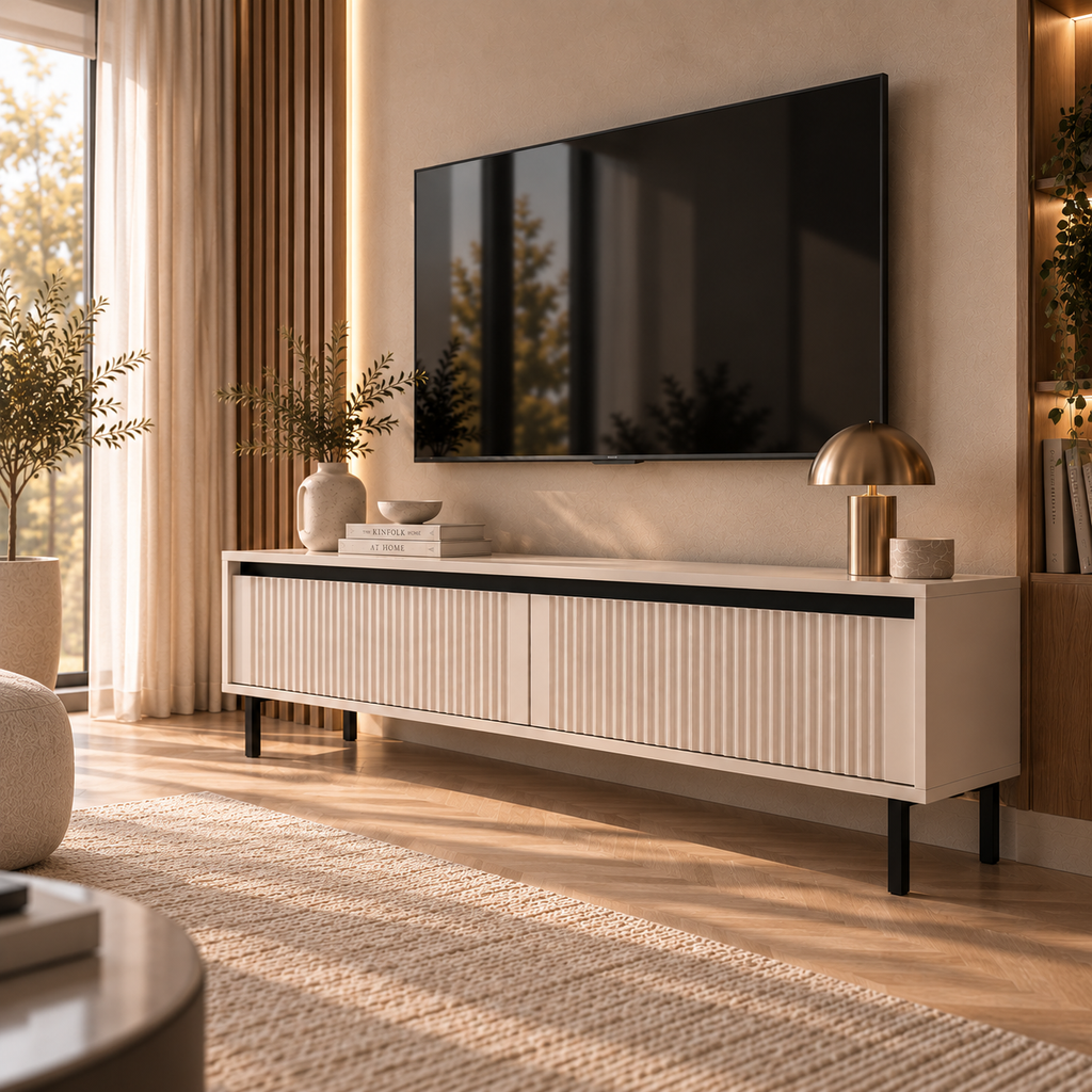 Szafka RTV OSAKA 140cm Beż Piaskowy – Ryflowana z Szufladami