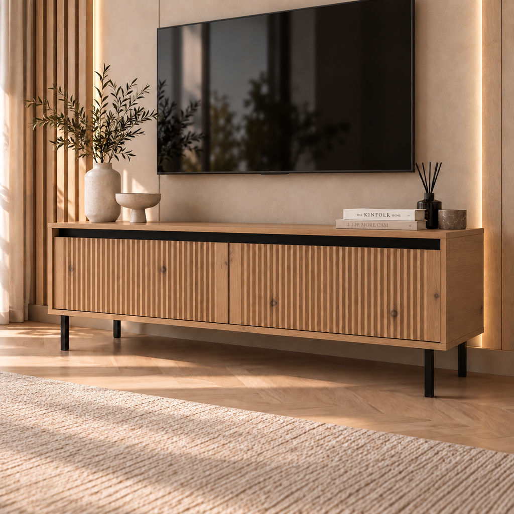 Szafka RTV OSAKA 140cm Dąb Evoke – Ryflowana z Szufladami