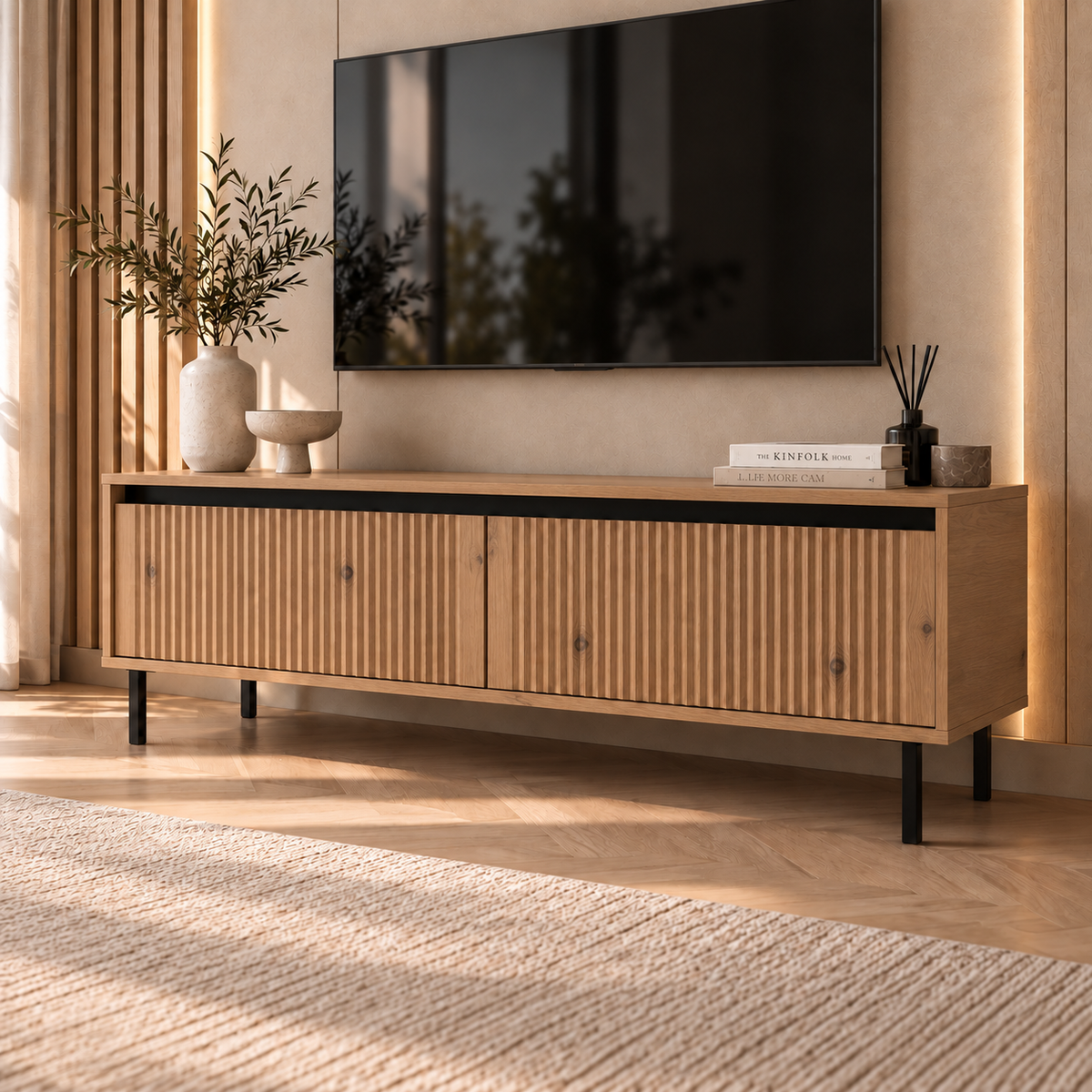 Szafka RTV OSAKA 140cm Dąb Evoke – Ryflowana z Szufladami