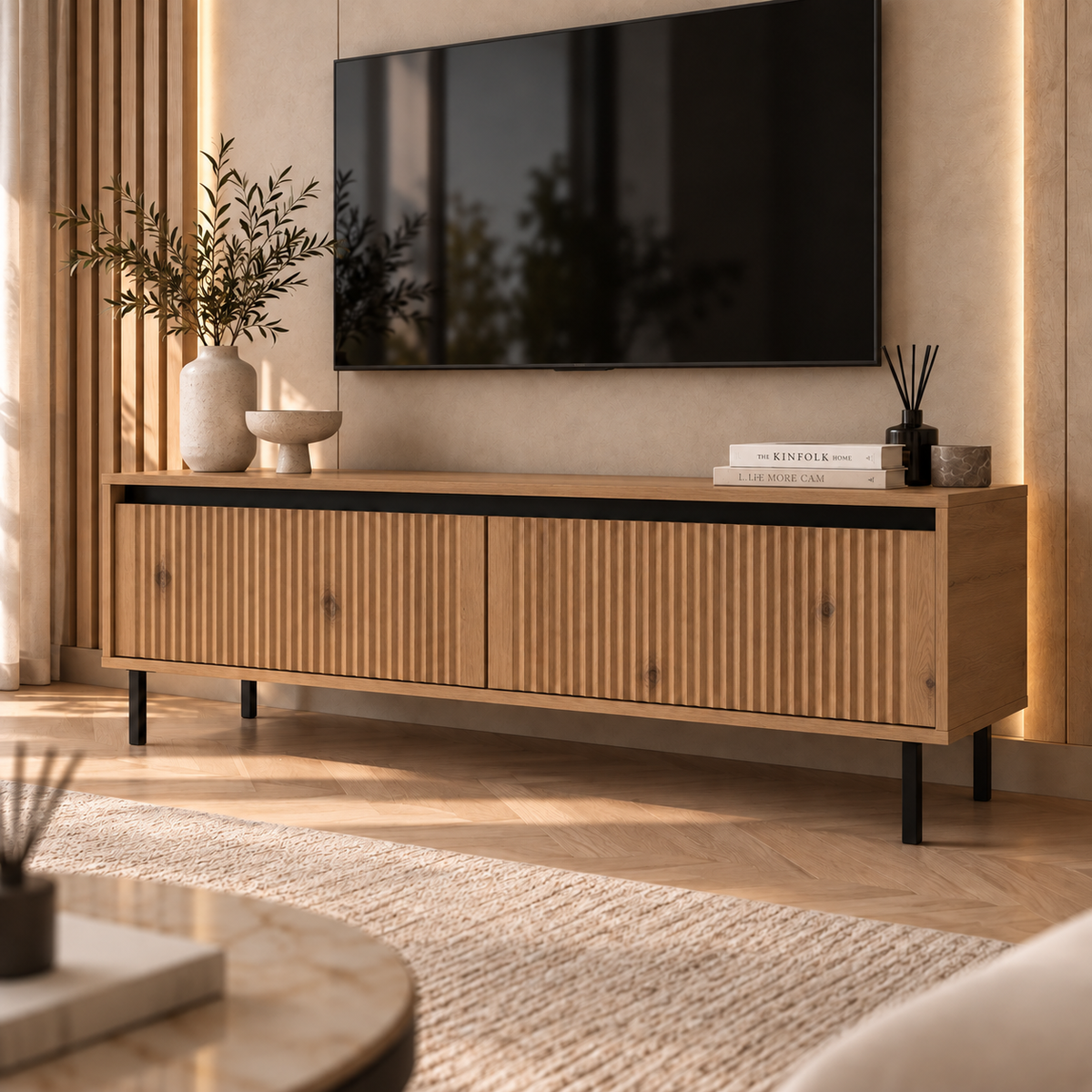 Szafka RTV OSAKA 140cm Dąb Evoke – Ryflowana z Szufladami
