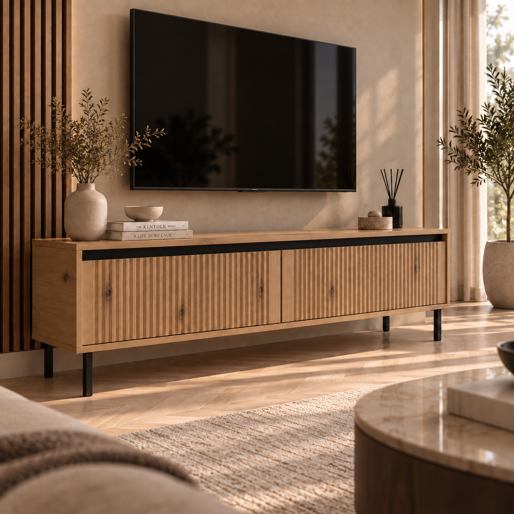 Szafka RTV OSAKA 140cm Dąb Evoke – Ryflowana z Szufladami