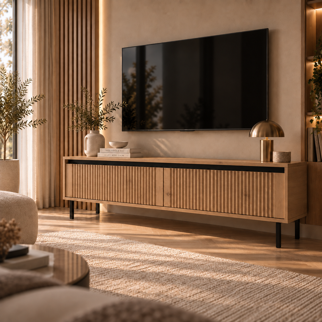 Szafka RTV OSAKA 140cm Dąb Evoke – Ryflowana z Szufladami
