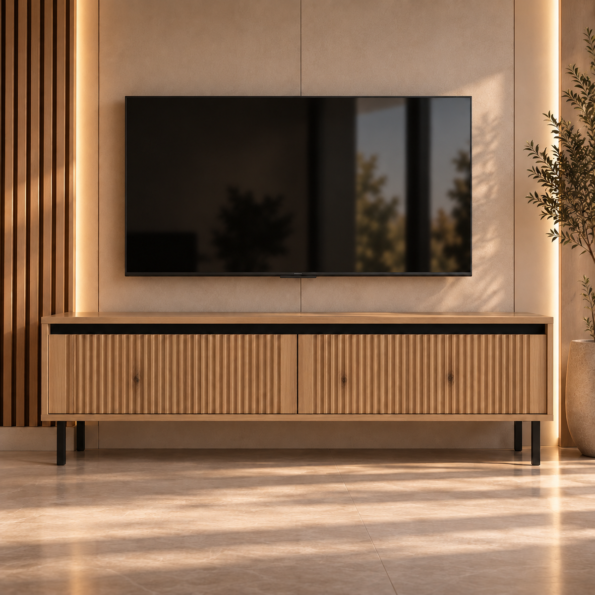 Szafka RTV OSAKA 140cm Dąb Evoke – Ryflowana z Szufladami