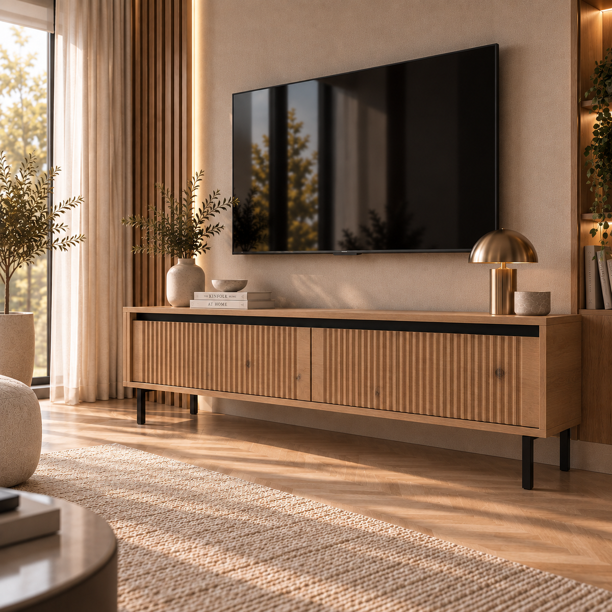 Szafka RTV OSAKA 140cm Dąb Evoke – Ryflowana z Szufladami