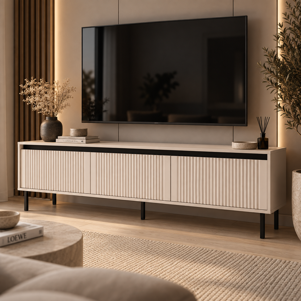 Szafka RTV OSAKA 180cm Beż Piaskowy – Ryflowana z Szufladami