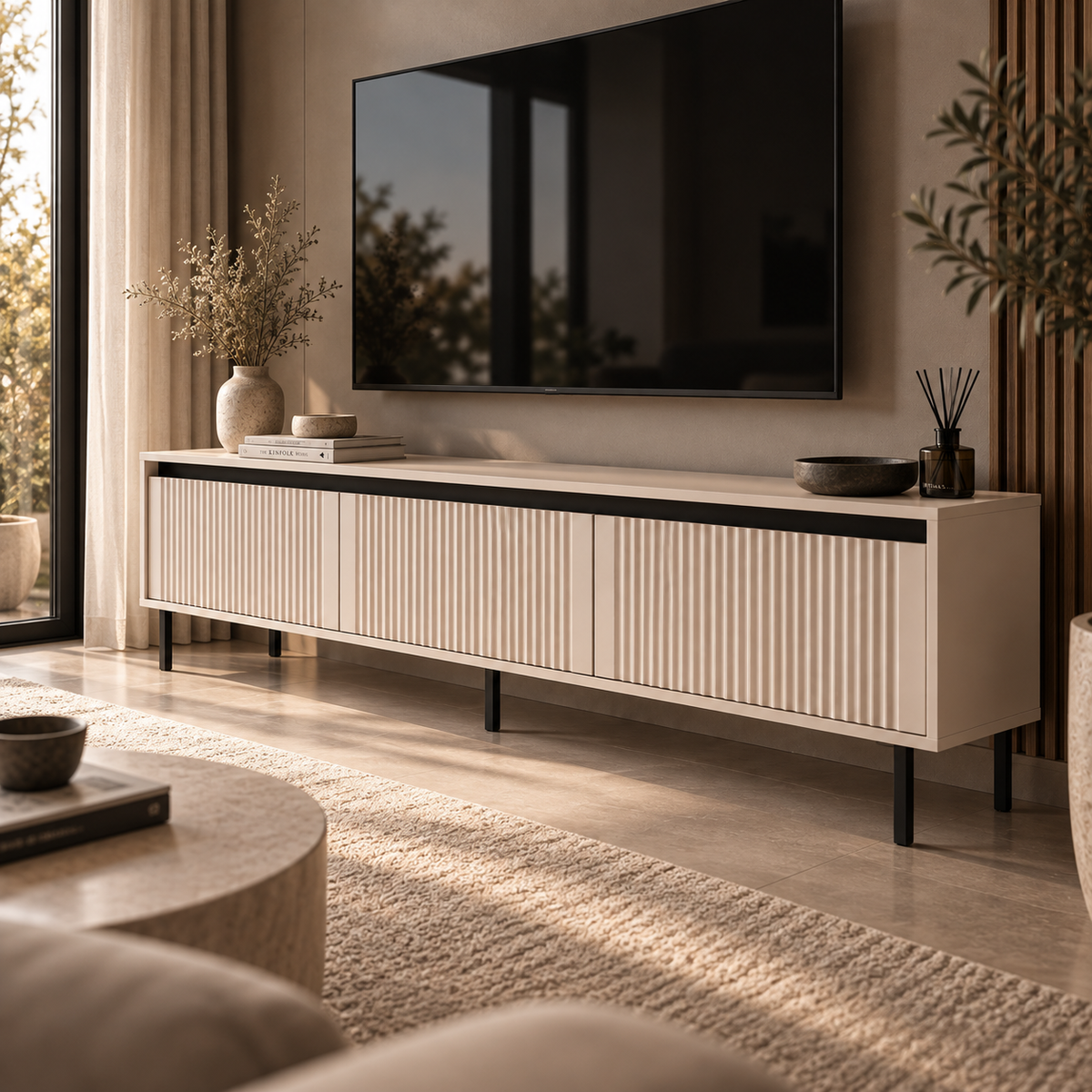 Szafka RTV OSAKA 180cm Beż Piaskowy – Ryflowana z Szufladami