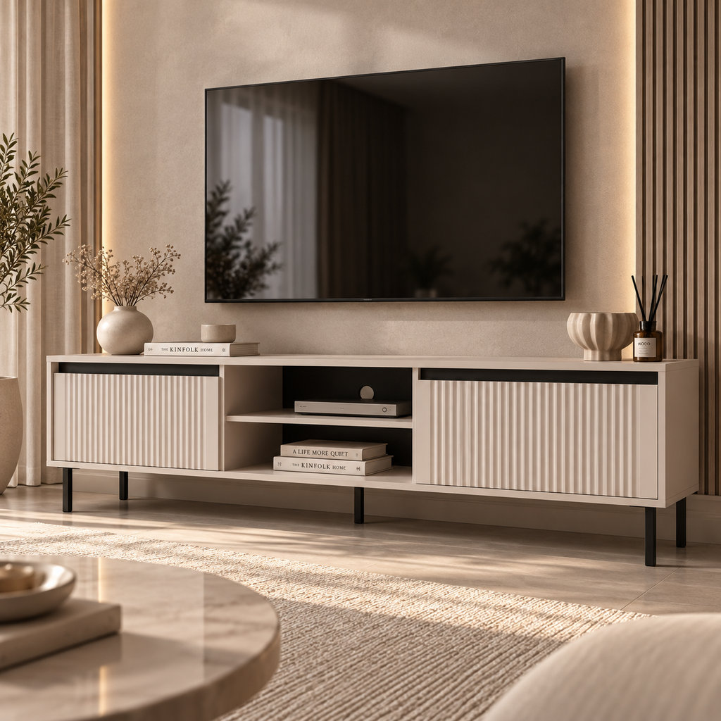 Szafka RTV OSAKA 180cm Beż Piaskowy – Ryflowana z Szufladami i Półkami