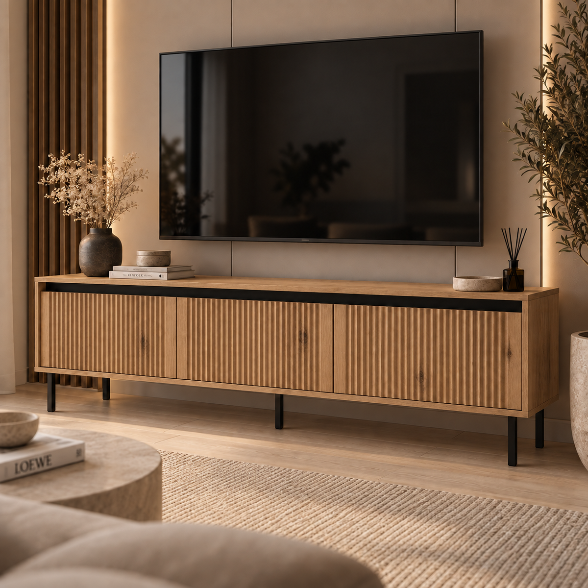Szafka RTV OSAKA 180 cm Dąb Evoke – Ryflowana z Szufladami