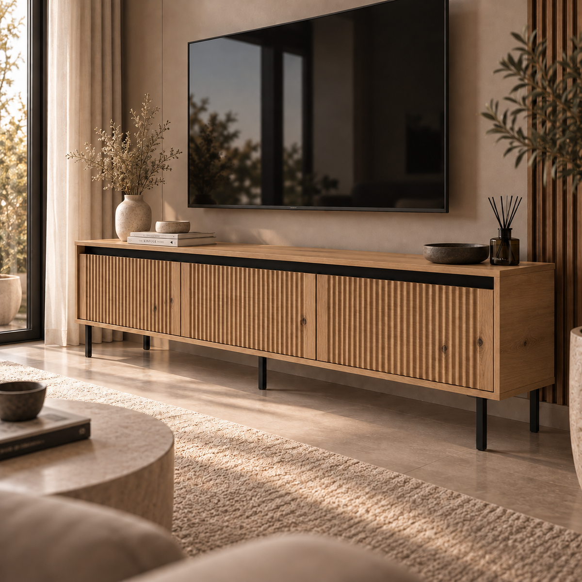 Szafka RTV OSAKA 180 cm Dąb Evoke – Ryflowana z Szufladami