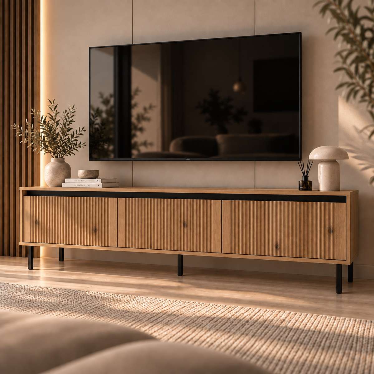 Szafka RTV OSAKA 180 cm Dąb Evoke – Ryflowana z Szufladami