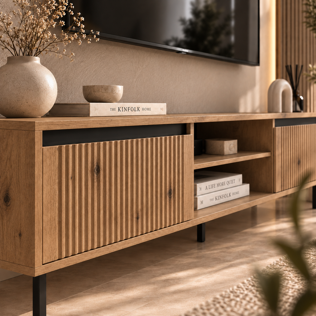 Szafka RTV OSAKA 180cm Dąb Evoke – Ryflowana z Szufladami i Półkami