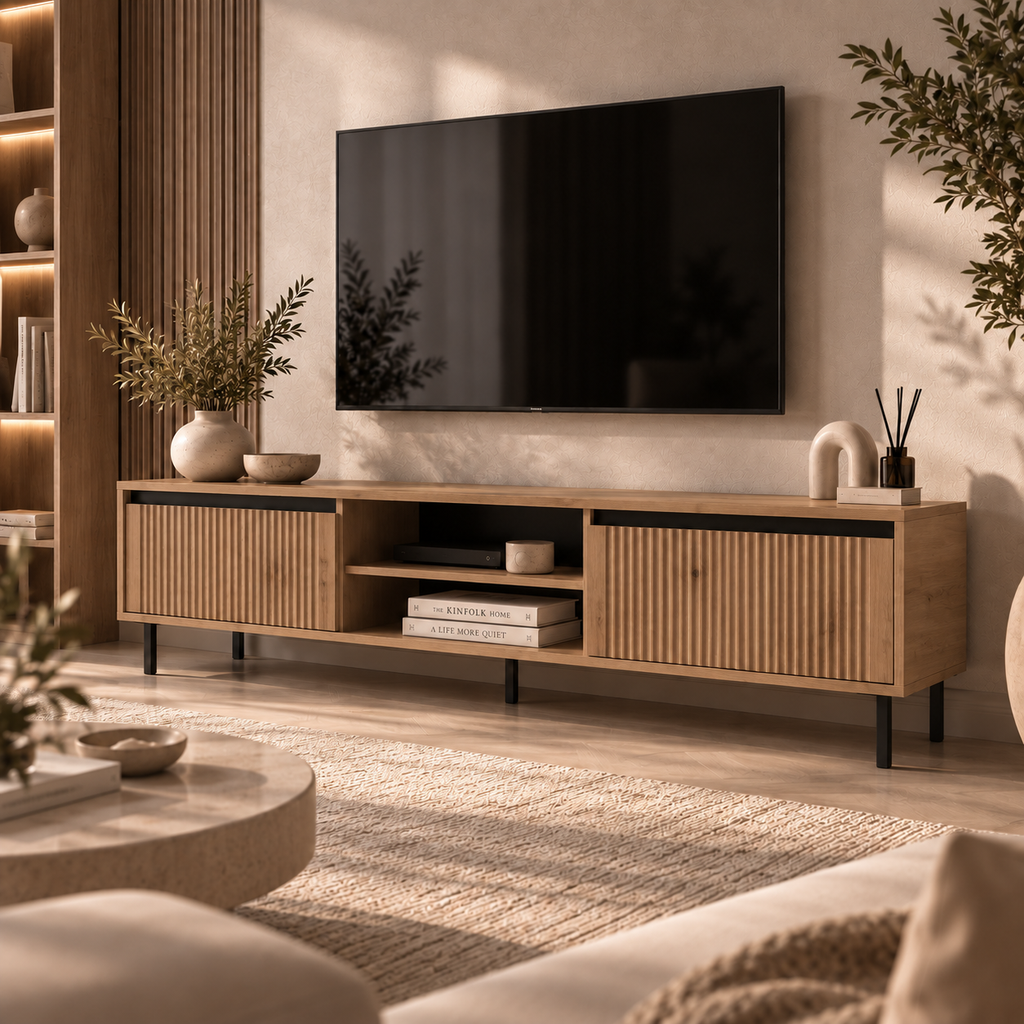 Szafka RTV OSAKA 180cm Dąb Evoke – Ryflowana z Szufladami i Półkami