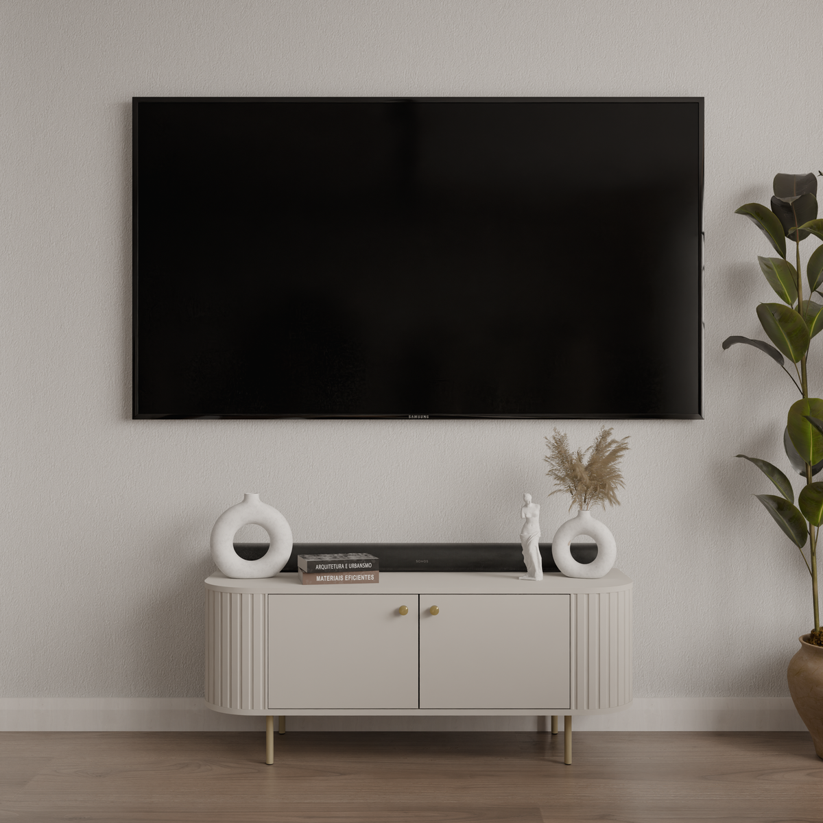 Szafka RTV OVALIO 123cm Beż Piaskowy – Ryflowana ze Złotymi Nogami
