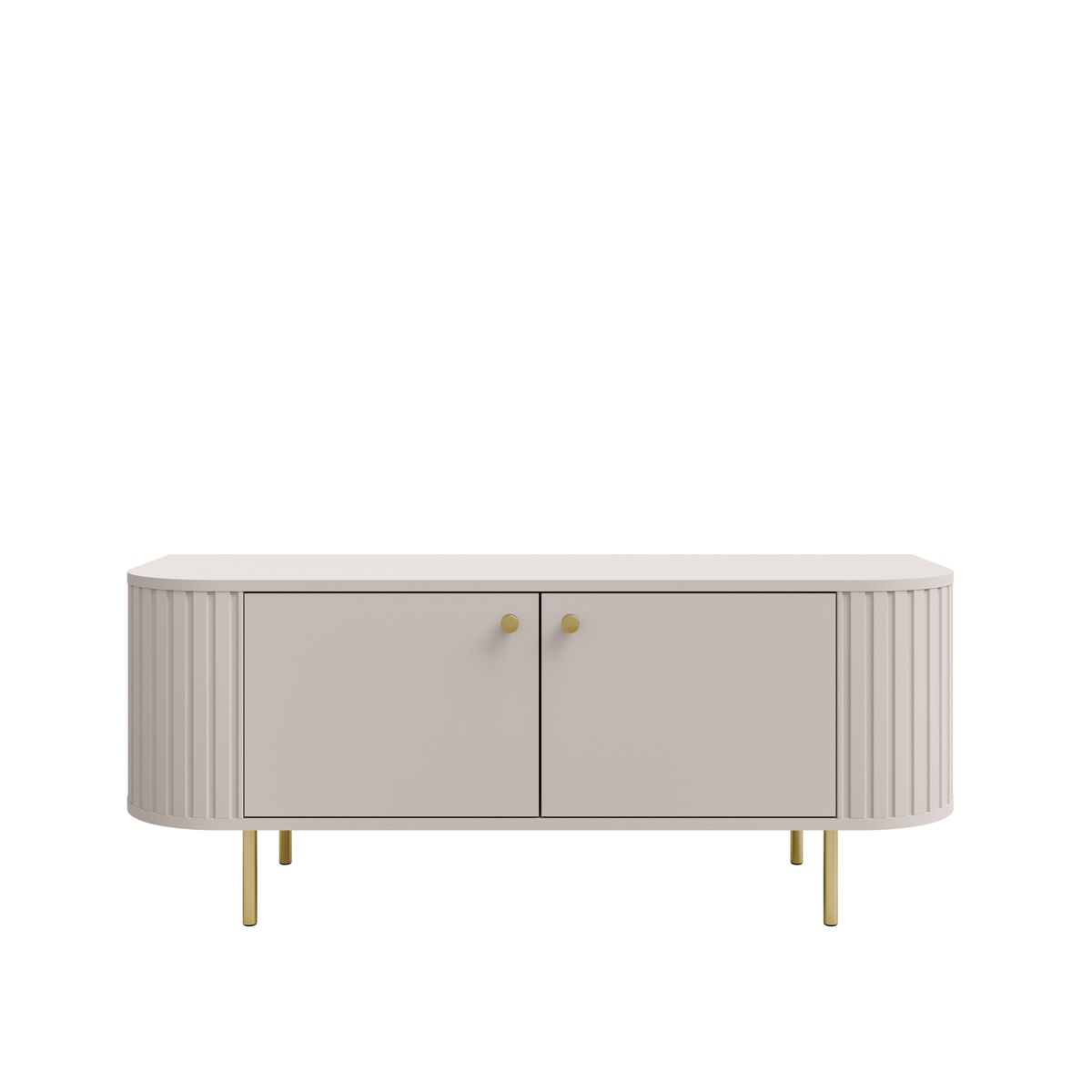 Szafka RTV OVALIO 123cm Beż Piaskowy – Ryflowana ze Złotymi Nogami