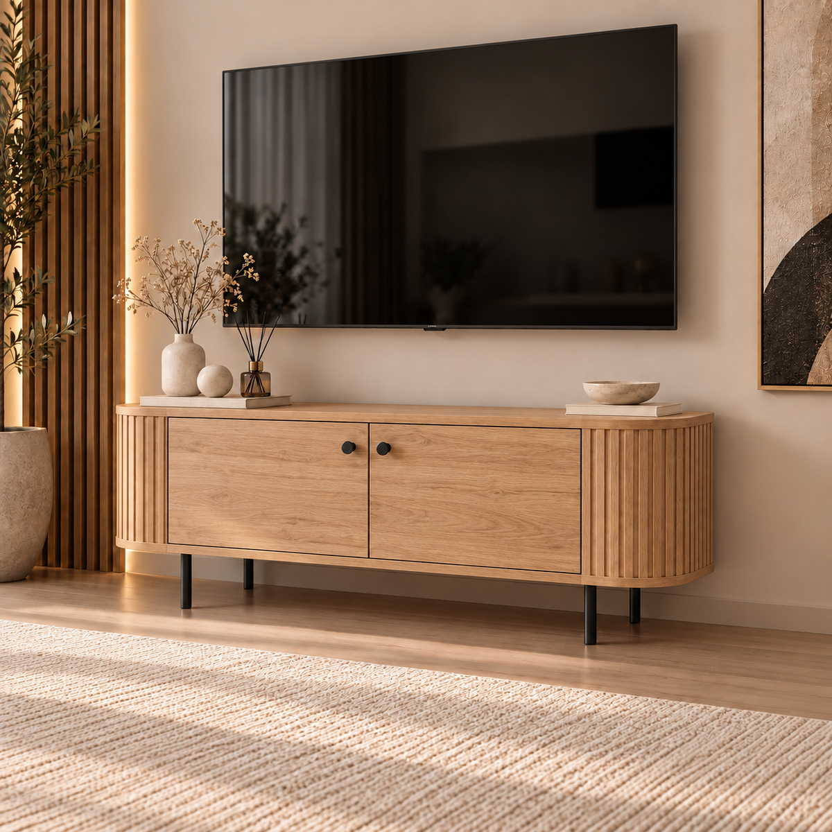 Szafka RTV OVALIO 123cm Dąb Cremona – Ryflowana z Czarnymi Nogami