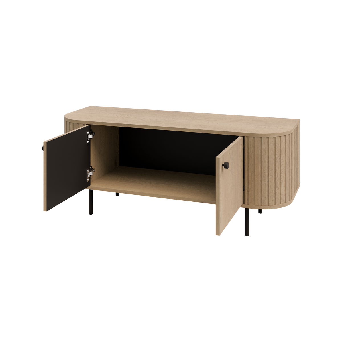 Szafka RTV OVALIO 123cm Dąb Cremona – Ryflowana z Czarnymi Nogami
