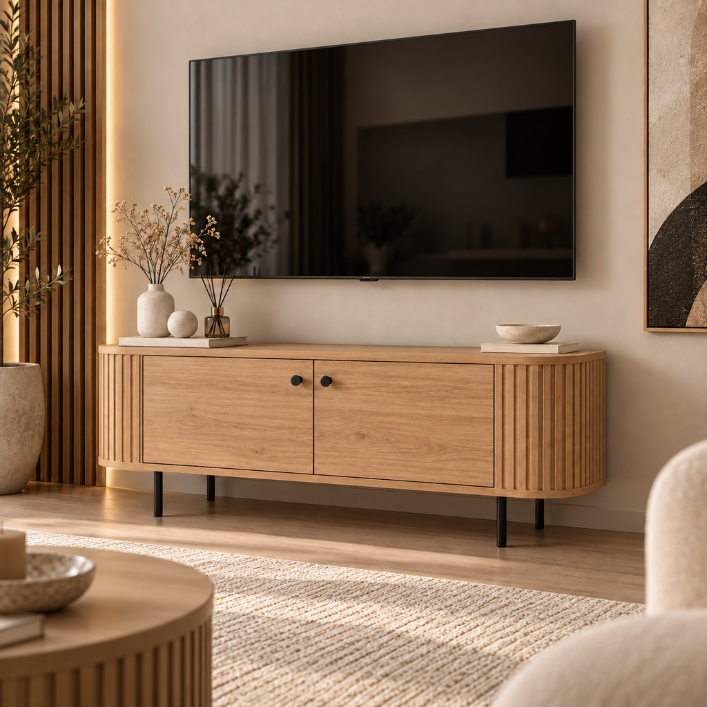Szafka RTV OVALIO 123cm Dąb Cremona – Ryflowana z Czarnymi Nogami