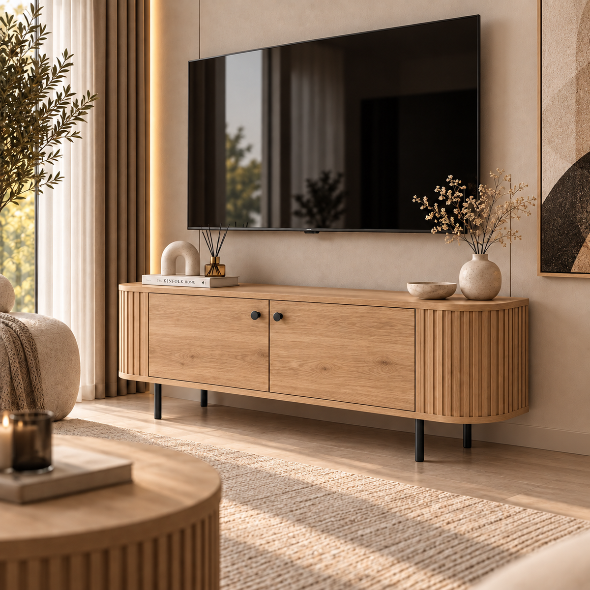 Szafka RTV OVALIO 123cm Dąb Cremona – Ryflowana z Czarnymi Nogami