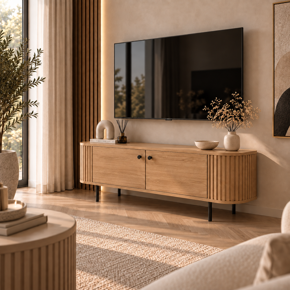 Szafka RTV OVALIO 123cm Dąb Cremona – Ryflowana z Czarnymi Nogami