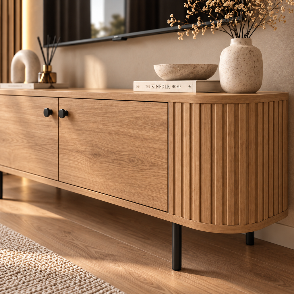 Szafka RTV OVALIO 123cm Dąb Cremona – Ryflowana z Czarnymi Nogami