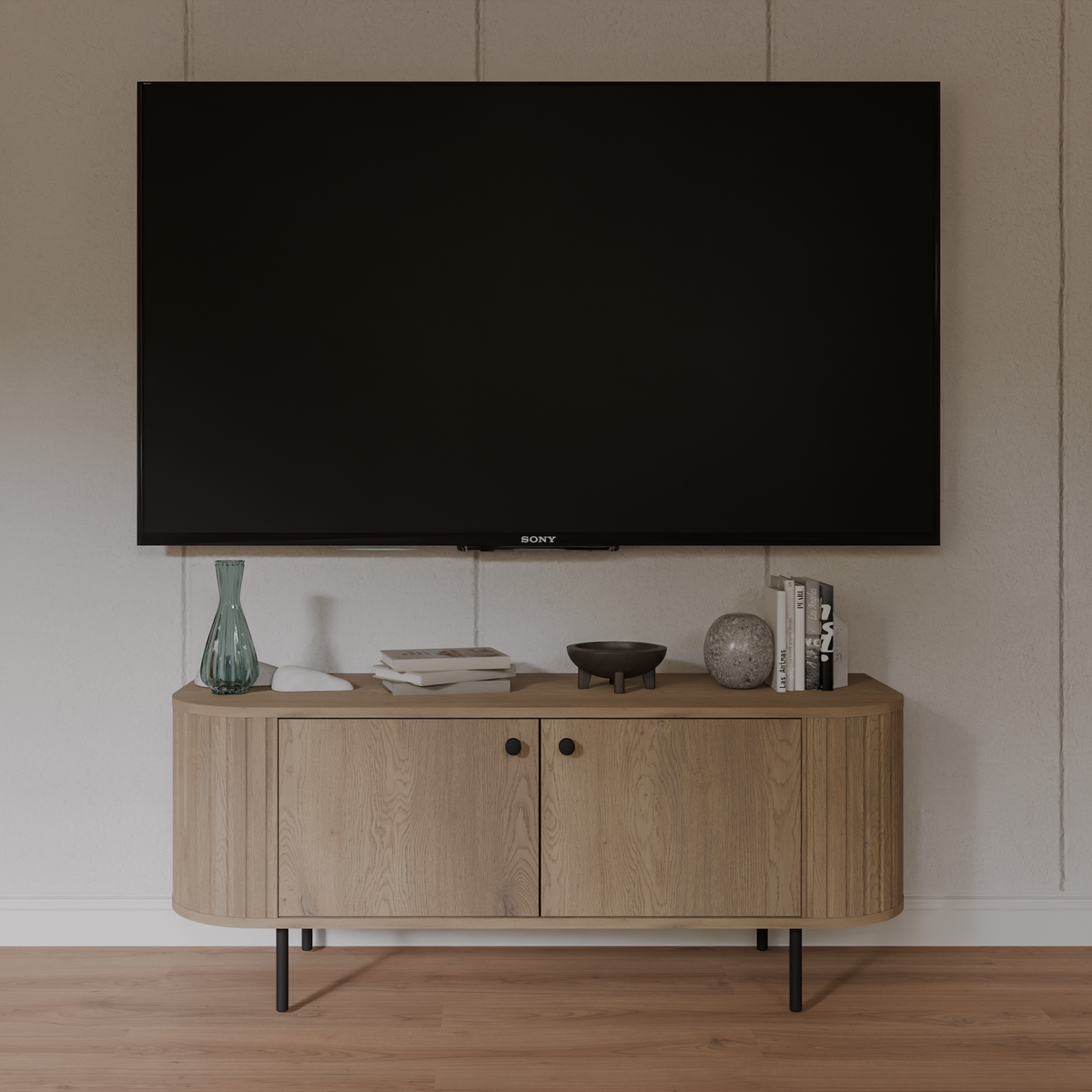 Szafka RTV OVALIO 123cm Dąb Cremona – Ryflowana z Czarnymi Nogami