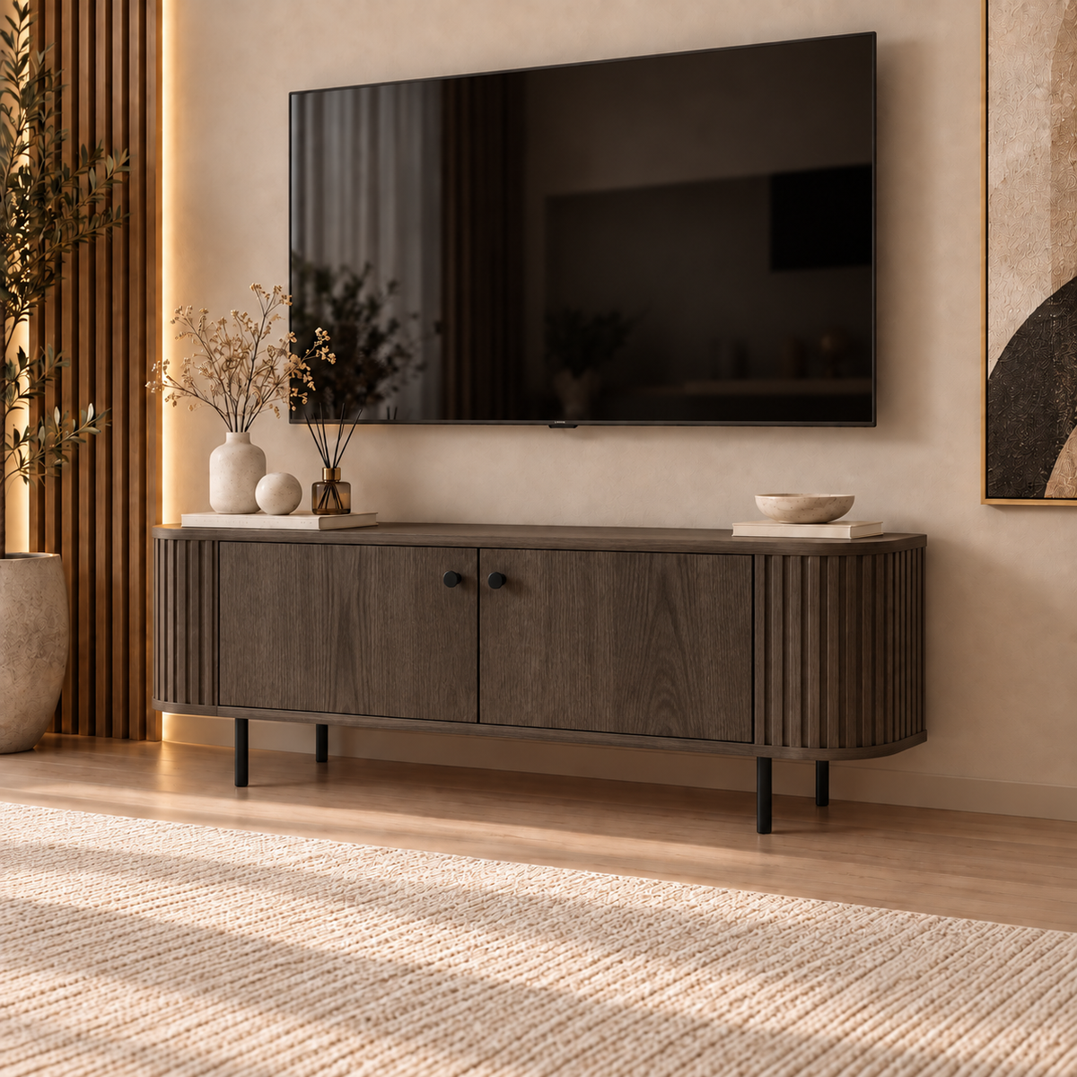 Szafka RTV OVALIO 123cm Dąb Dunin – Ryflowana z Czarnymi Nogami