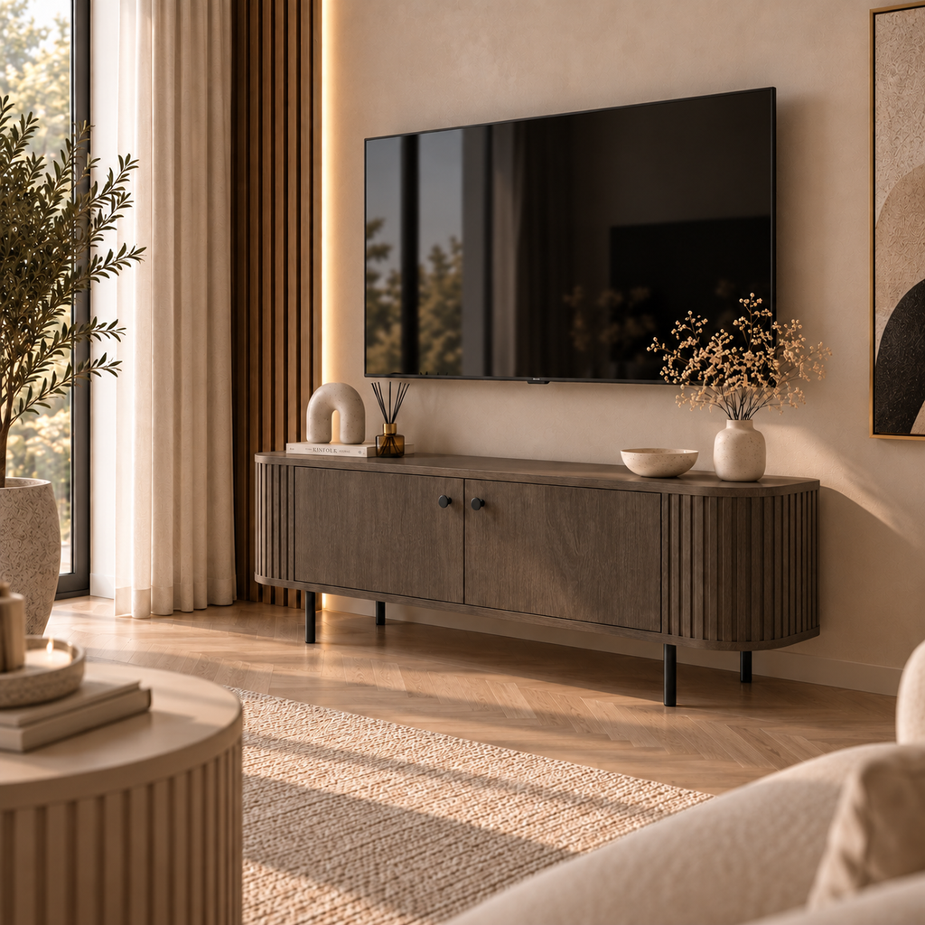 Szafka RTV OVALIO 123cm Dąb Dunin – Ryflowana z Czarnymi Nogami