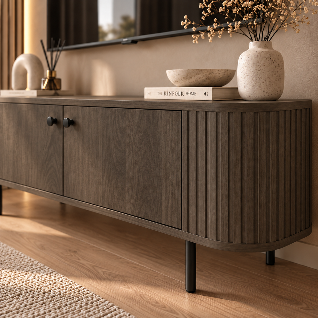 Szafka RTV OVALIO 123cm Dąb Dunin – Ryflowana z Czarnymi Nogami